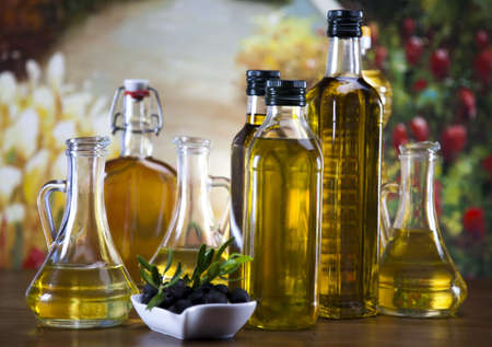 Olive oil and olives の写真素材