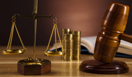 Law theme, mallet of judge, wooden gavel 