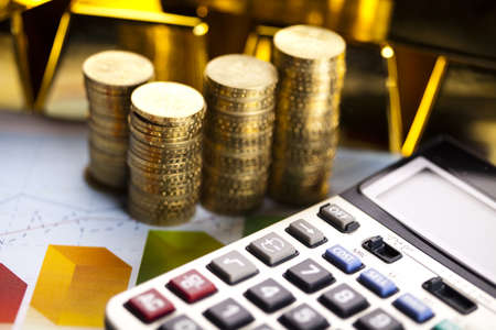 Coins and gold bars, Finance Conceptの写真素材