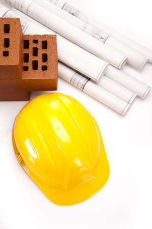 Brick, trowel tool and Construction plansの写真素材