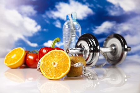 Vegetable and fruit fitness and blue skyの写真素材