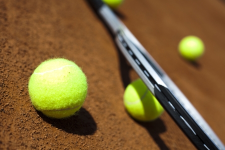 Tennis racket and balls, courtの写真素材