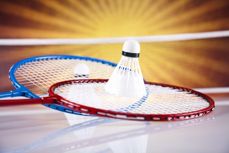 Shuttlecock on badminton racket の写真素材