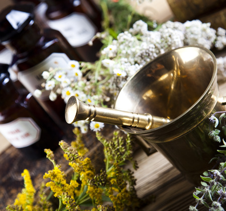Natural medicine, herbs, mortarの写真素材