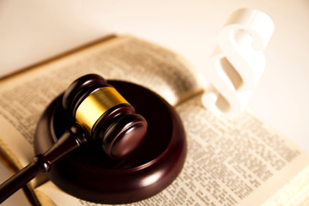 Court gavel, law book and paragraph symbol