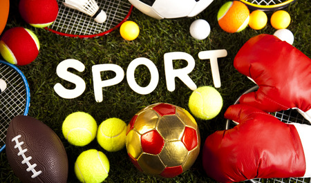 Sports equipment on grassの写真素材