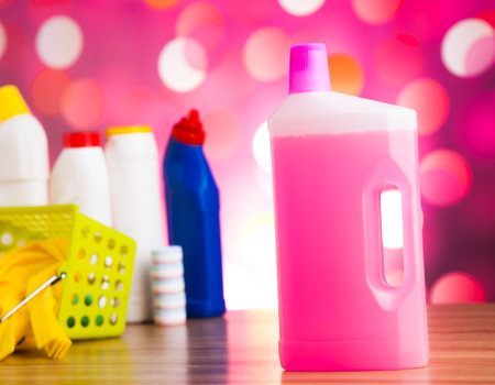 Assorted cleaning products, home work colorful themeの写真素材