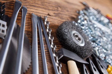 Working tools on wooden background