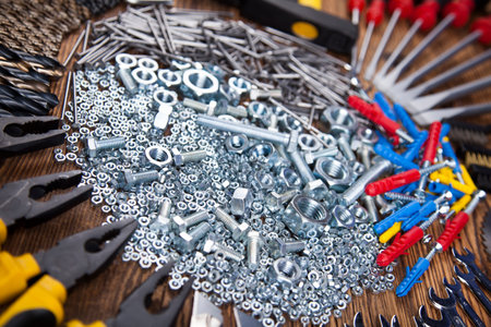 Working tools on wooden background
