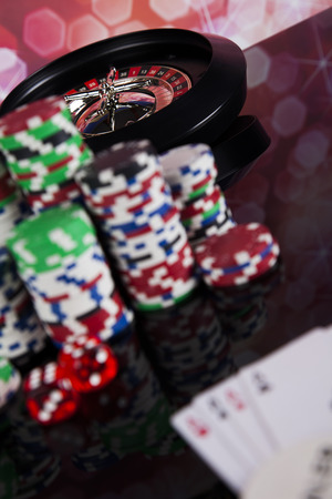 Casino roulette and playing chipsの写真素材