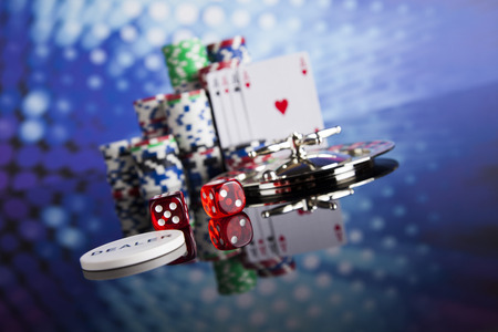 Casino roulette and playing chipsの写真素材