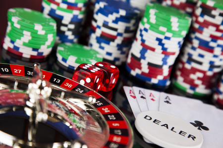 Casino roulette and playing chipsの写真素材