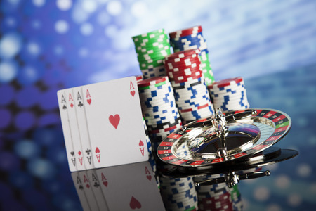 Casino roulette and playing chipsの写真素材