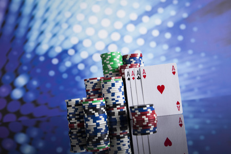 Poker Chips on a gaming with casino rouletteの写真素材