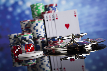 Casino roulette and playing chipsの写真素材