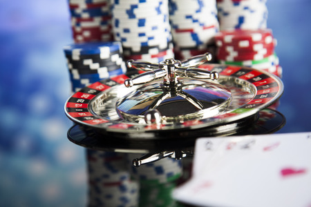 Casino roulette and playing chipsの写真素材