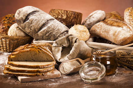 Baked bread on wood tableの写真素材