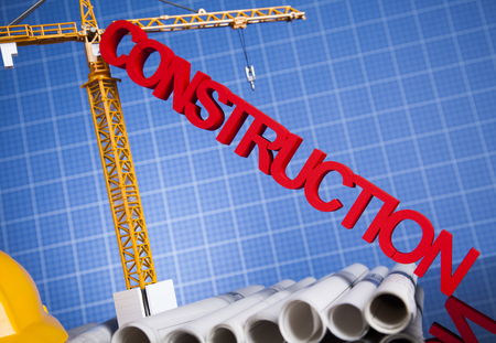 Construction site, crane and Blueprintsの写真素材