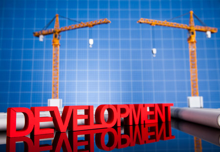 Construction site, crane and Blueprints