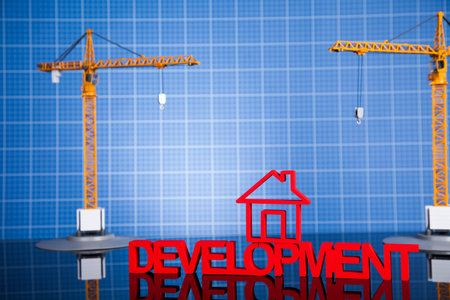 Construction site, crane and Blueprints