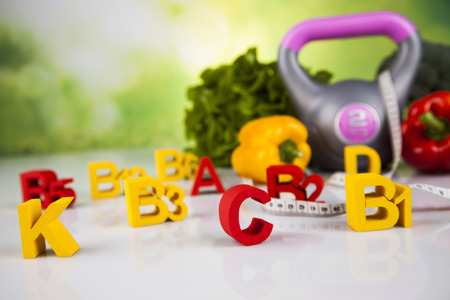 Fitness vitamin concept, fresh fruit and vegetableの写真素材