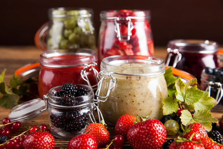 Berries jam in glass jar and wood backgroundの写真素材