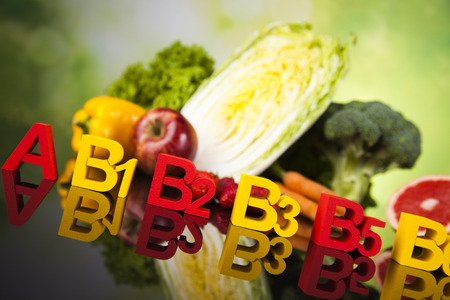 Fitness vitamin concept, fresh fruit and vegetableの写真素材