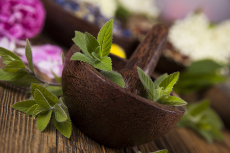 Herbs medicine and vintage wooden backgroundの写真素材