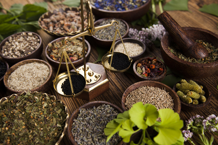 Natural medicine, herbs, mortarの写真素材