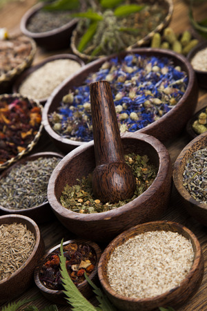 Natural medicine, herbs, mortarの写真素材
