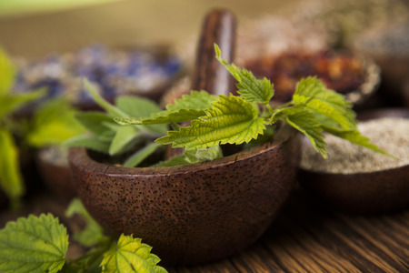 Natural medicine, herbs, mortarの写真素材
