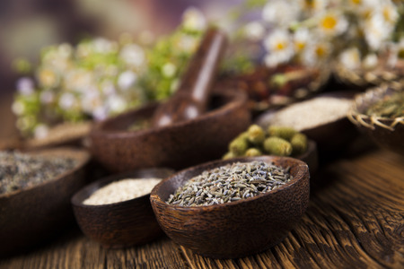 Herbs medicine and vintage wooden backgroundの写真素材