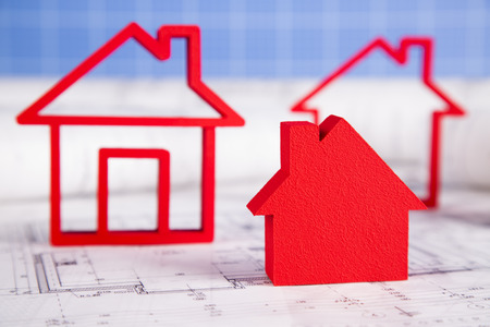 House model with blueprint drawingの写真素材