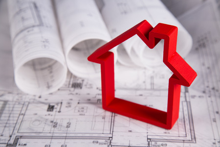 House model with blueprint drawingの写真素材