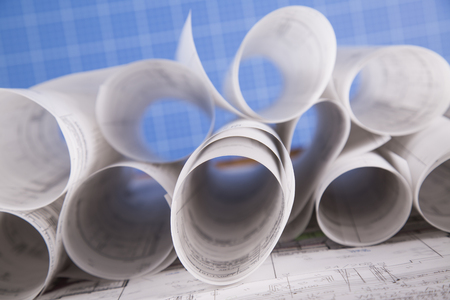 Architectural project and Yellow helmet and house modelの写真素材