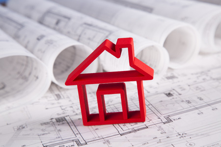 House model with blueprint drawingの写真素材