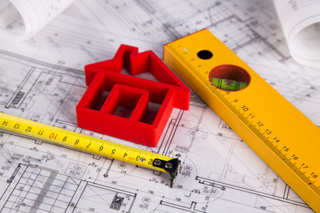 House model with blueprint drawingの写真素材