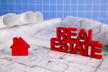 Real estate agency concept and blueprintsの写真素材