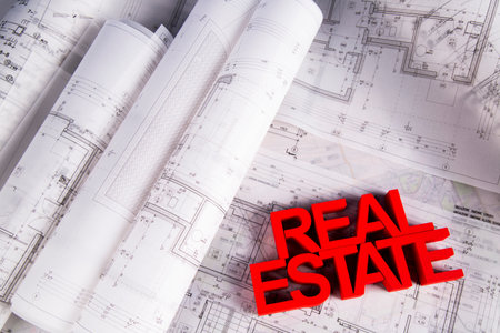 Real estate agency concept and blueprintsの写真素材