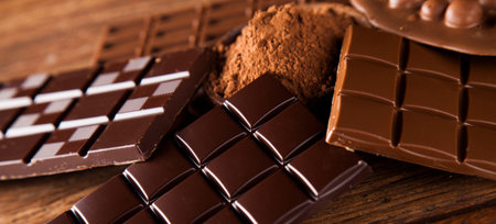 Aromatic cocoa and chocolate on wooden background