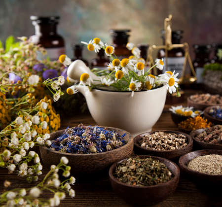Fresh medicinal, healing herbs on woodenの写真素材