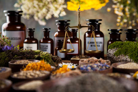 Fresh medicinal, healing herbs on woodenの写真素材