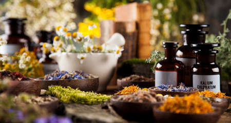 Natural remedy and mortar, healing herbs backgroundの写真素材
