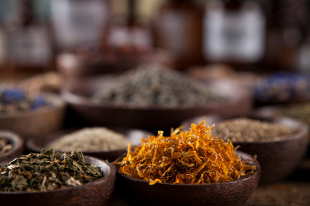 Herbal medicine on wooden desk backgroundの写真素材