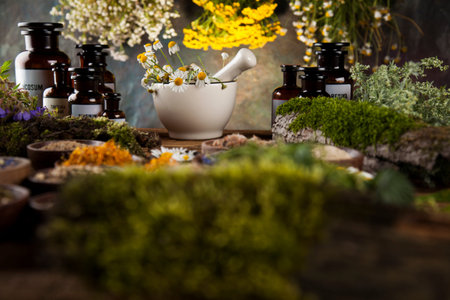 Herbs, berries and flowers with mortar, on wooden table background