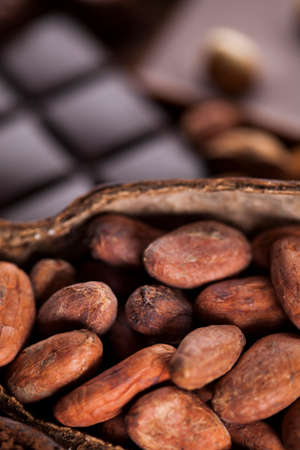 Chocolate sweet, cocoa pod and food dessert backgroundの写真素材