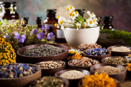 Fresh medicinal, healing herbs on woodenの写真素材
