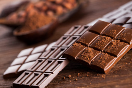 Aromatic cocoa and chocolate on wooden background