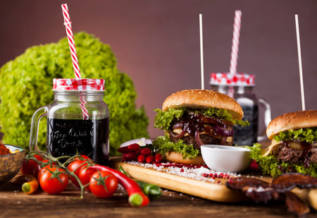 Home made hamburge, wooden desk backgroundの写真素材