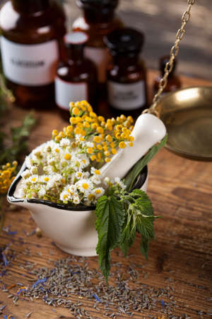 Herbs medicine,Natural remedy and mortar on vintage wooden desk backgroundの写真素材